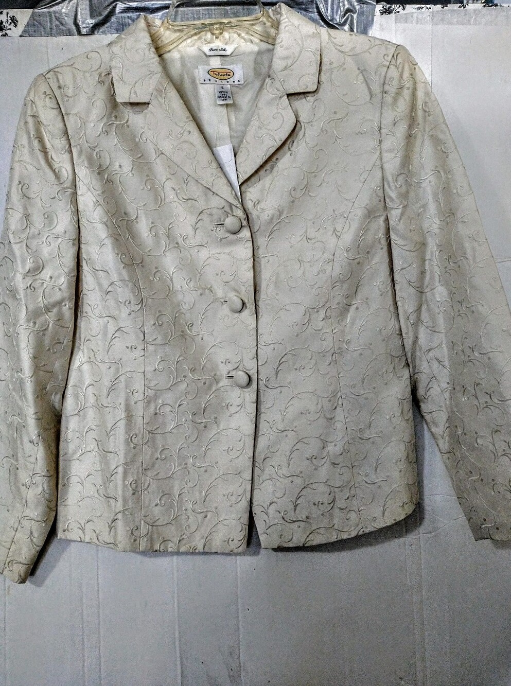 Stunning Pure Silk Damask Embroidered IvoryCream Classic Talbots Lined Jkt Sz 6p